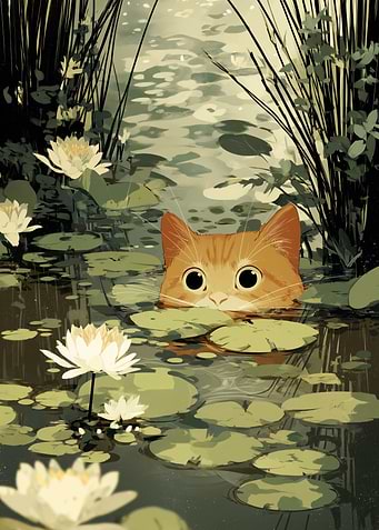Cat in Lily Pond