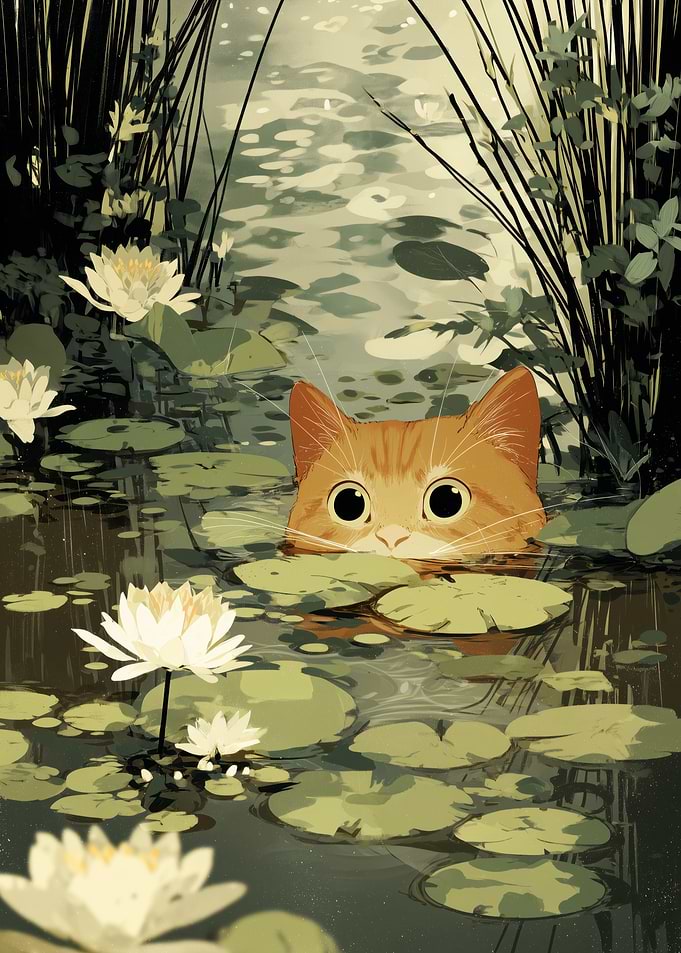 Cat in Lily Pond