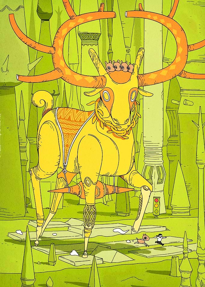 Mechanical Deer in a Green Landscape
