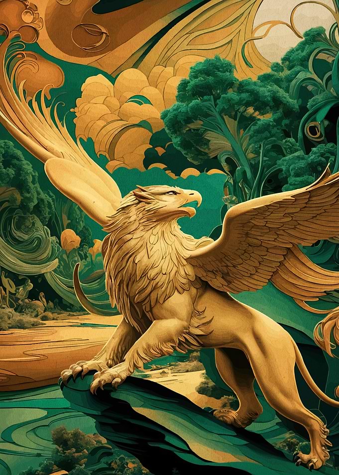 Golden Griffin in Emerald Landscape