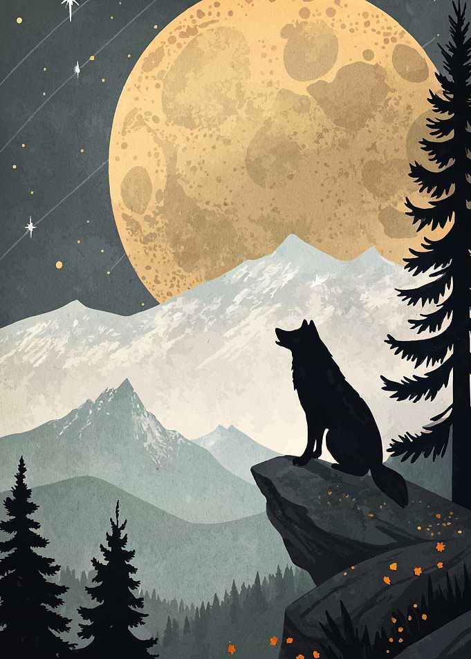 Wolf Howling at Moonlit Mountain Landscape