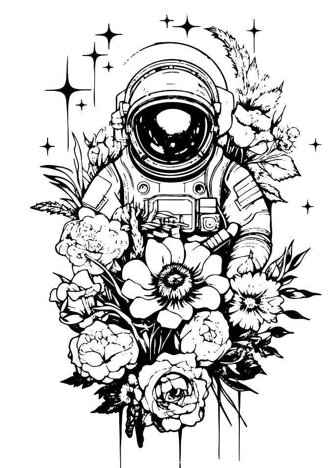 Astronaut in Flowers Black and White