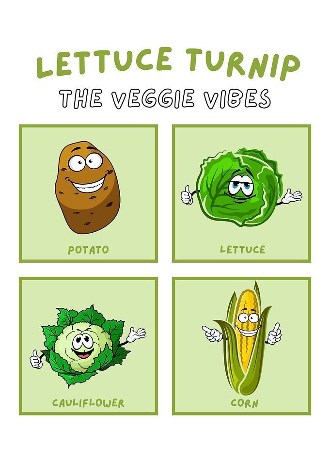 Cartoon Vegetables: Potato, Lettuce, Cauliflower, Corn