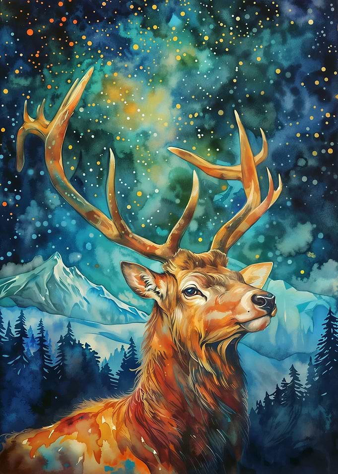 Watercolor Deer Under Starry Sky