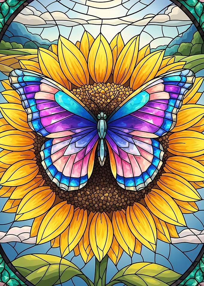 Butterfly on Sunflower Stained Glass Style
