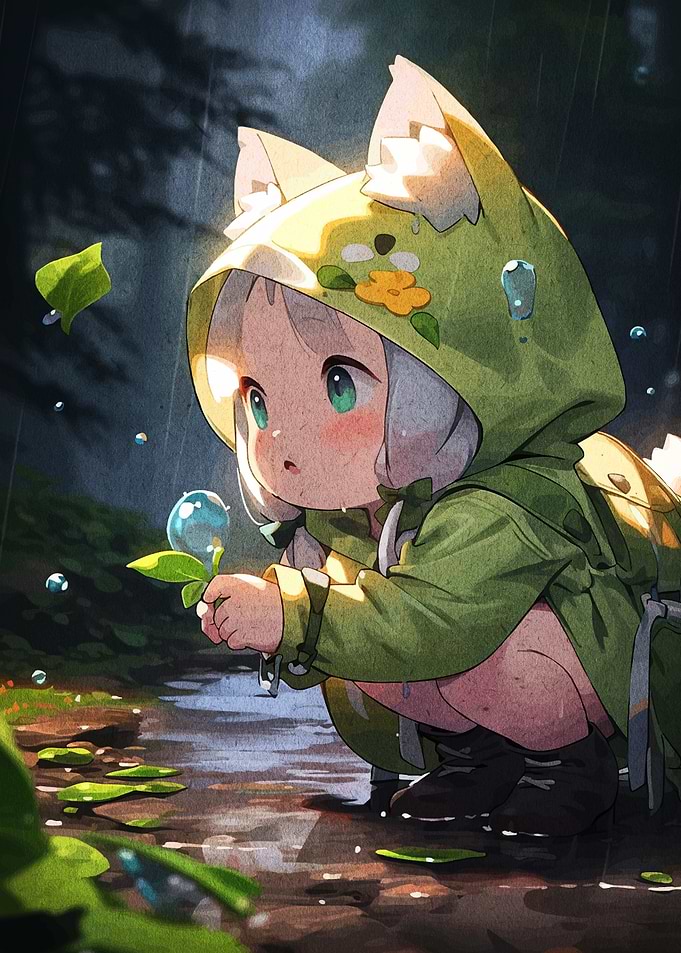 Anime Girl in Rain with Leaf