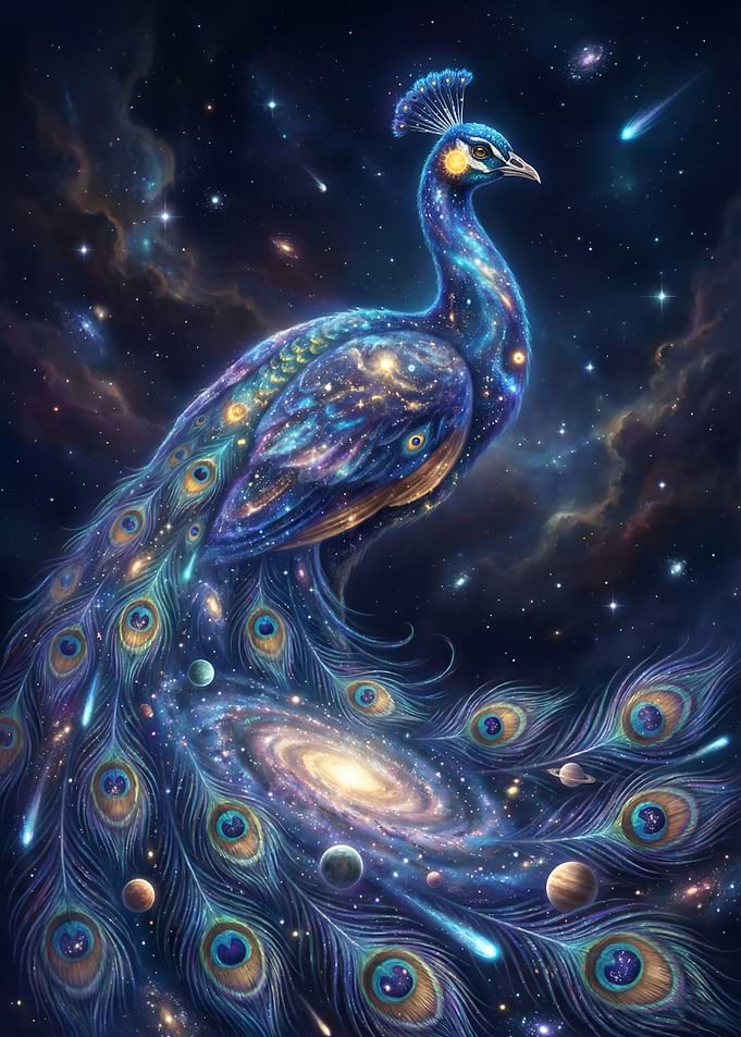Cosmic Peacock in Starry Night Sky