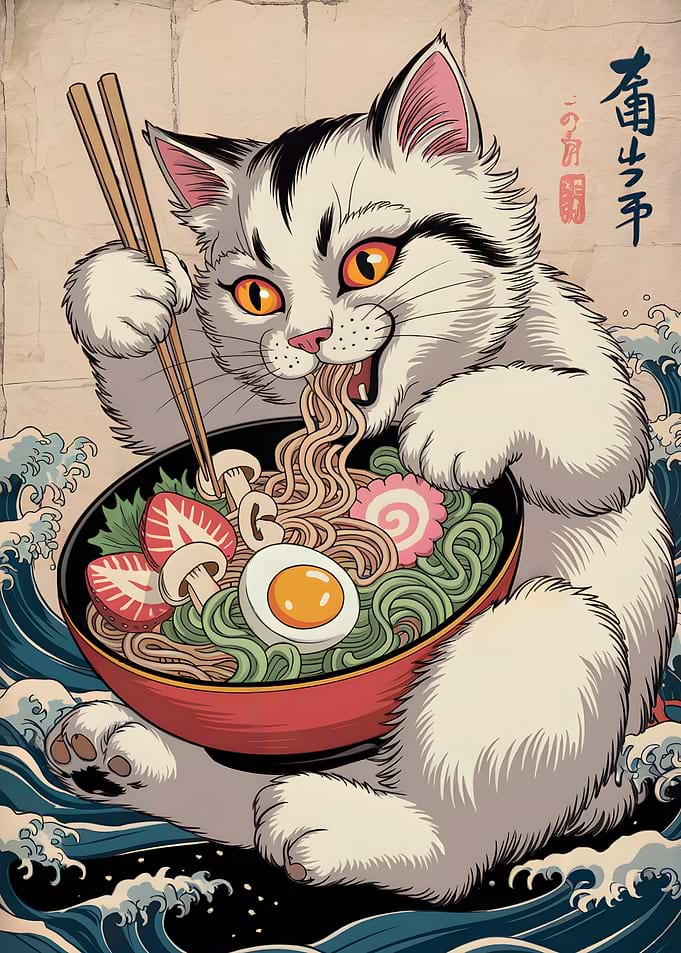 Cat eating ramen bowl illustration