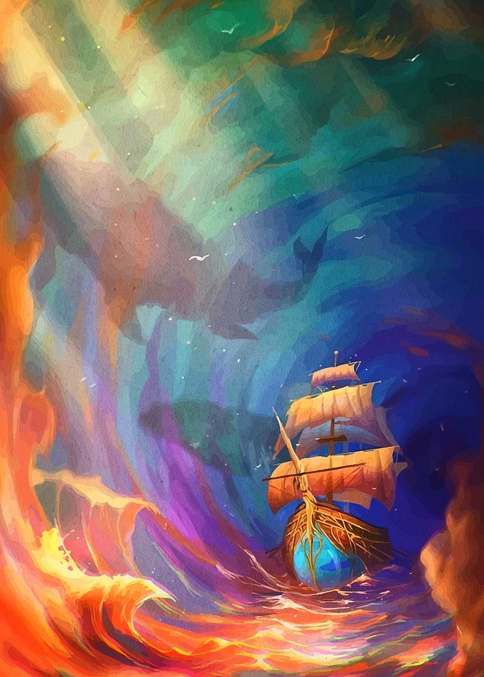 Ship in a Colorful Storm
