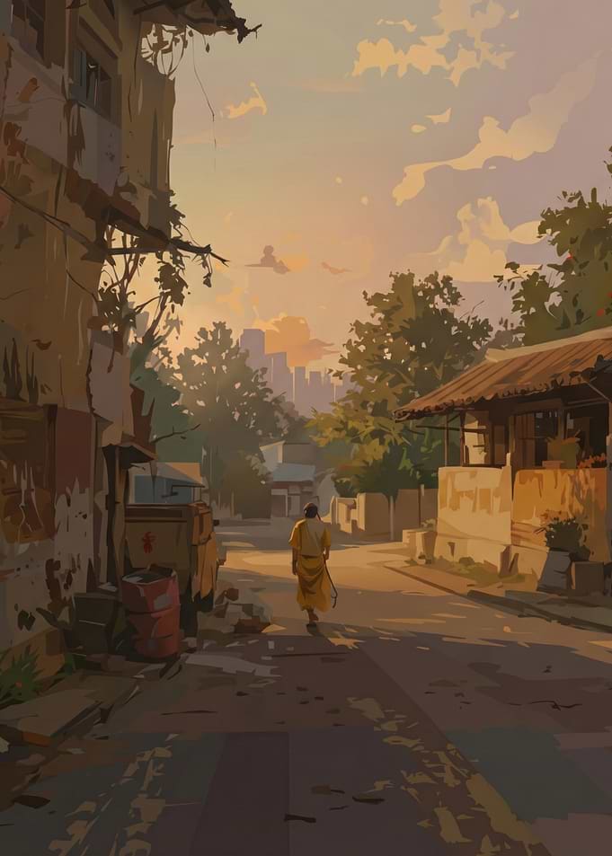 Monk Walking Down a Street