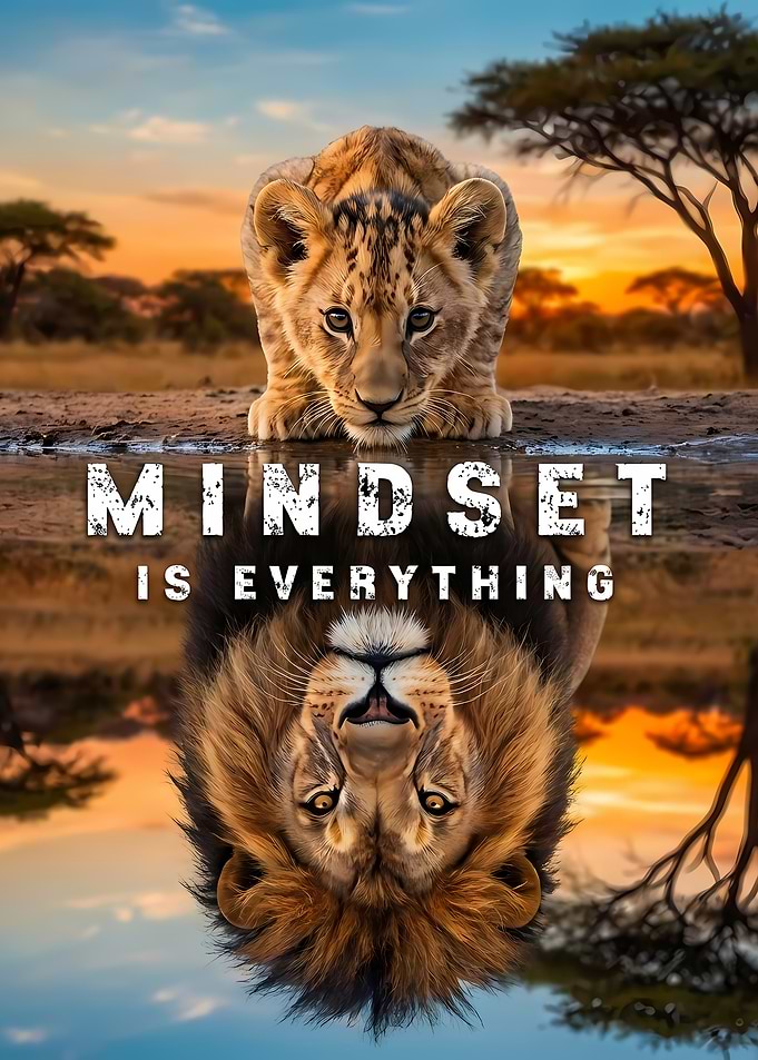 Lion Cub and Reflection with Text