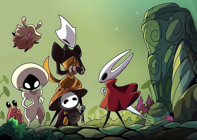 Hollow Knight characters in a group