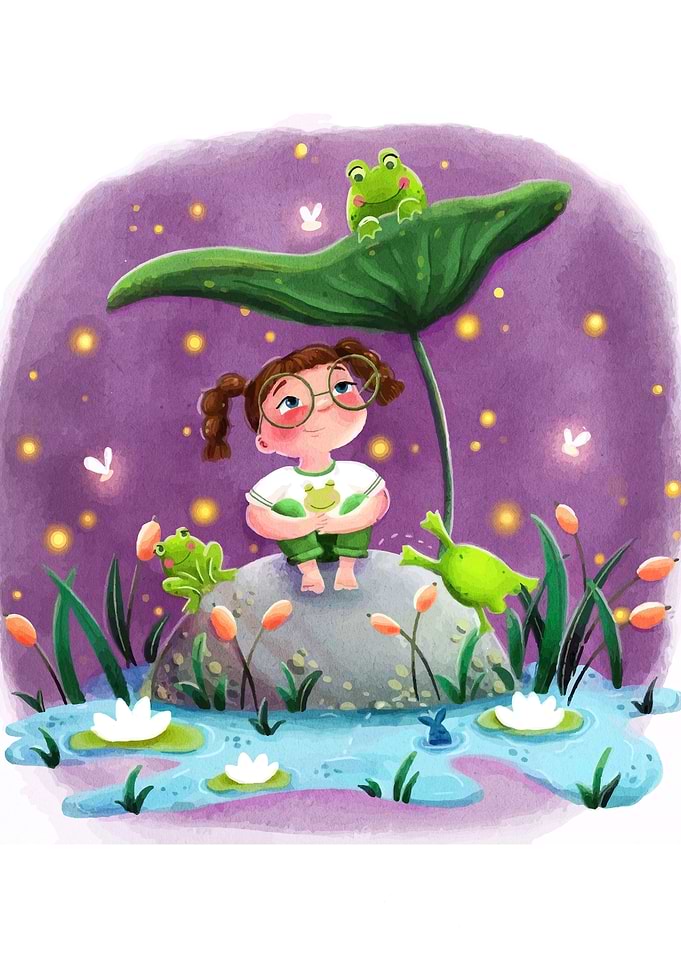 Girl with Frogs under Lily Pad