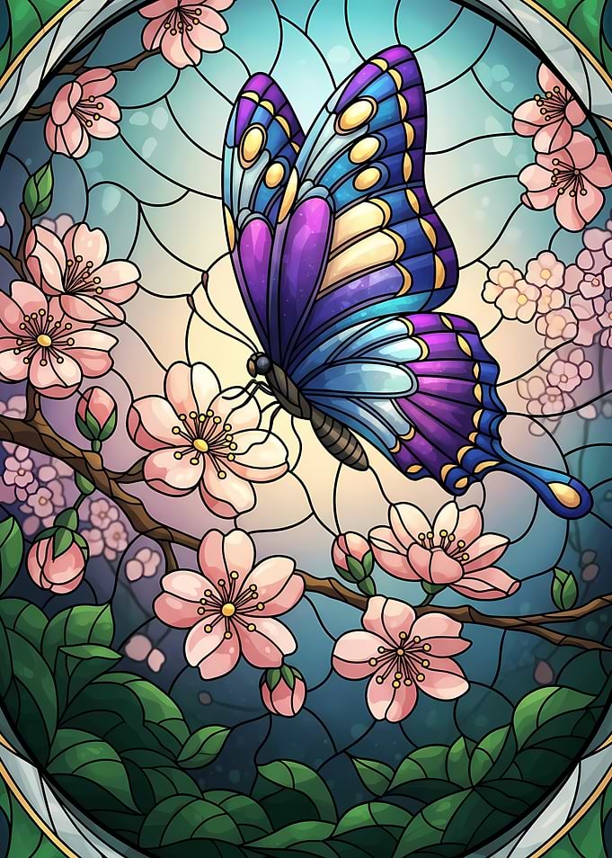 Butterfly and Cherry Blossoms Stained Glass