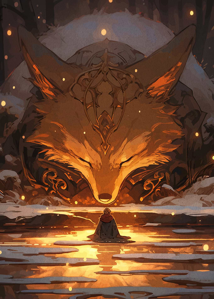 Giant Fox Spirit and Solitary Figure