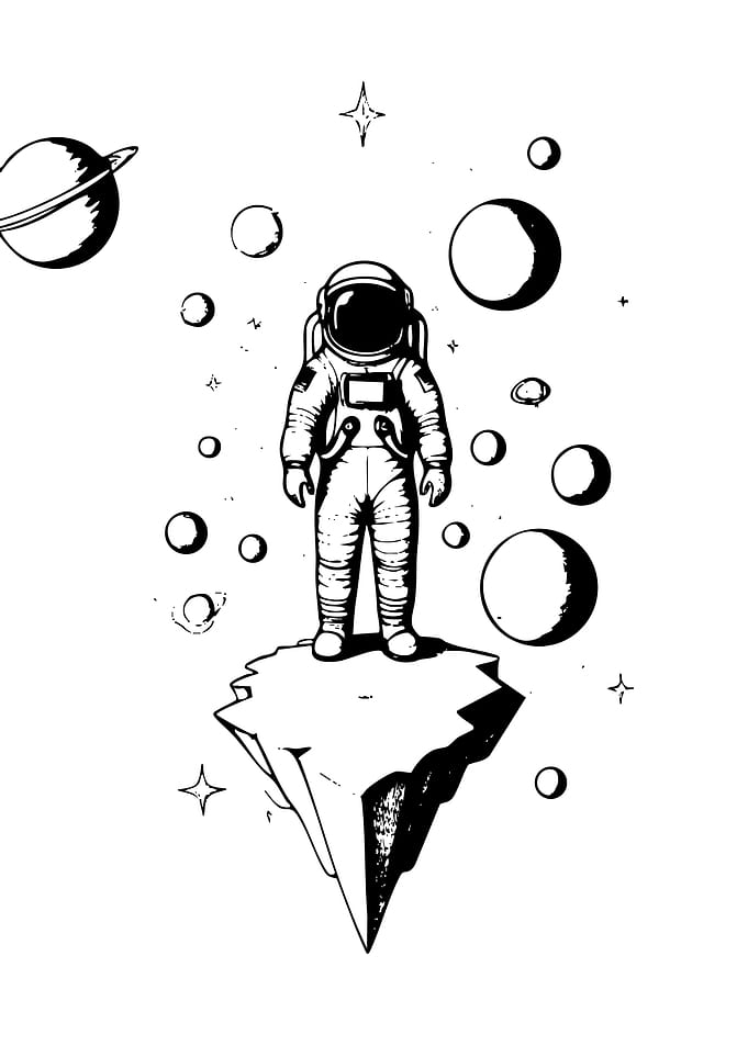 Astronaut on Floating Island in Space