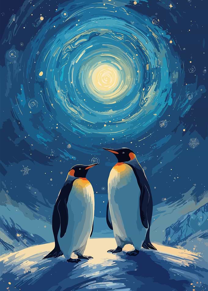 Penguins under a swirling starry sky