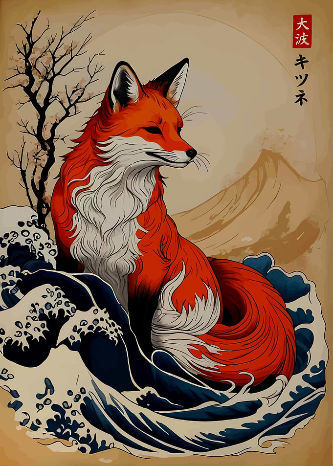 Fox and Waves Japanese Art