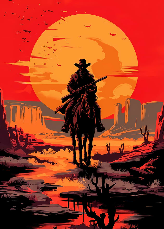 Cowboy on Horseback in Desert Landscape