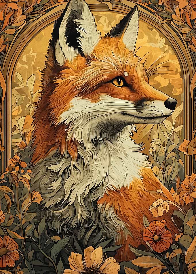 Fox Portrait with Floral Frame