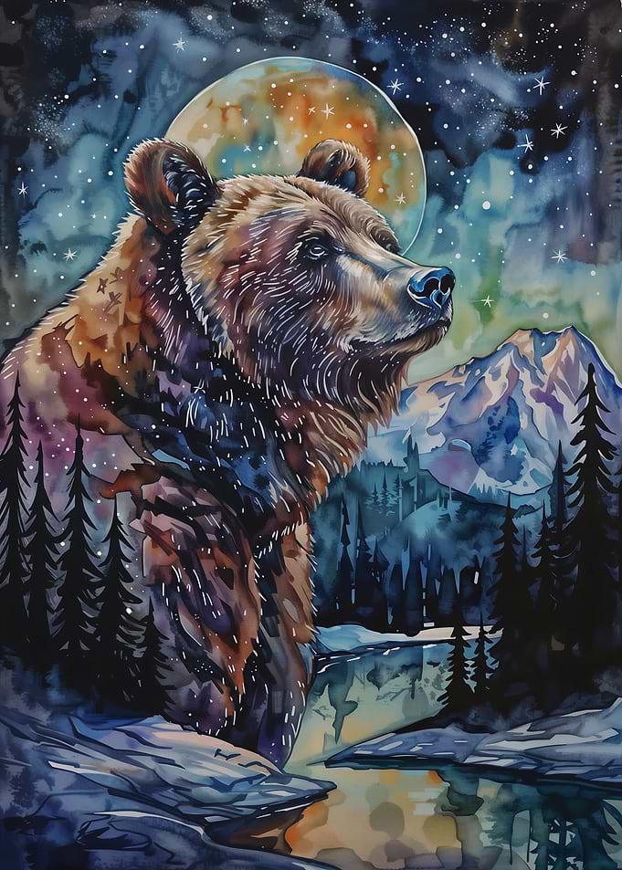 Watercolor Bear Under Moonlight