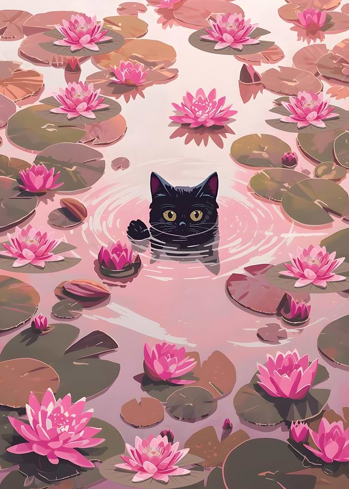 Black Cat in Pink Lily Pond