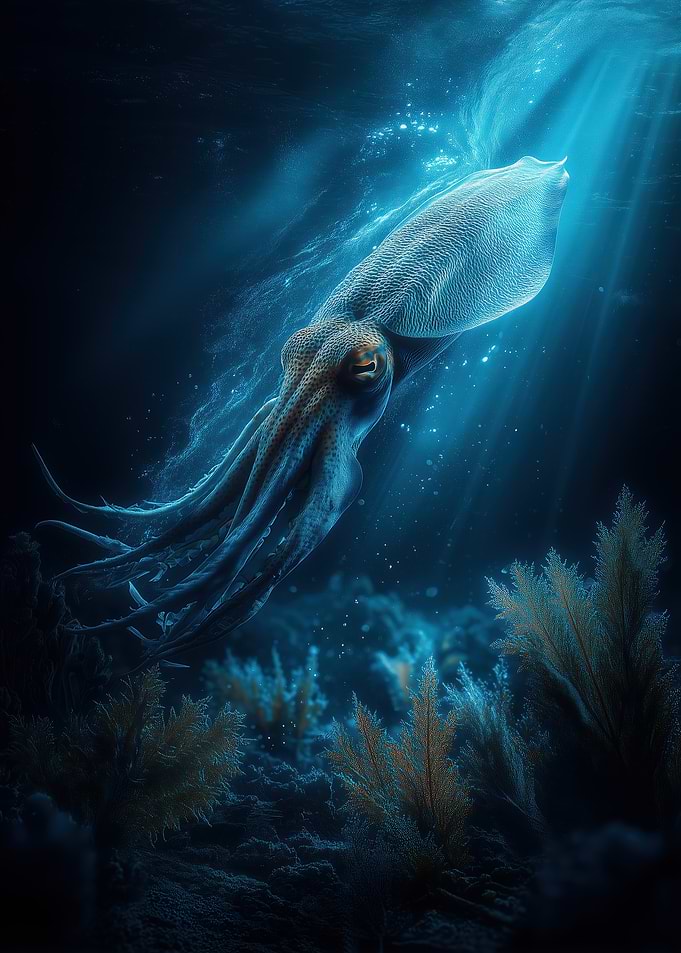 Underwater Squid in Blue Light