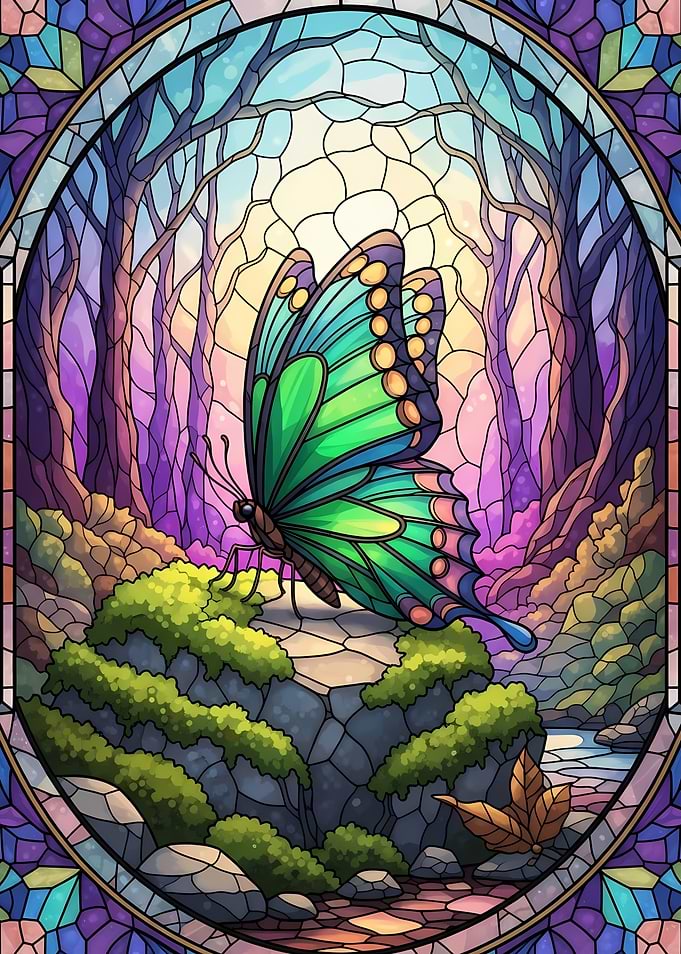 Stained Glass Butterfly in Forest Scene