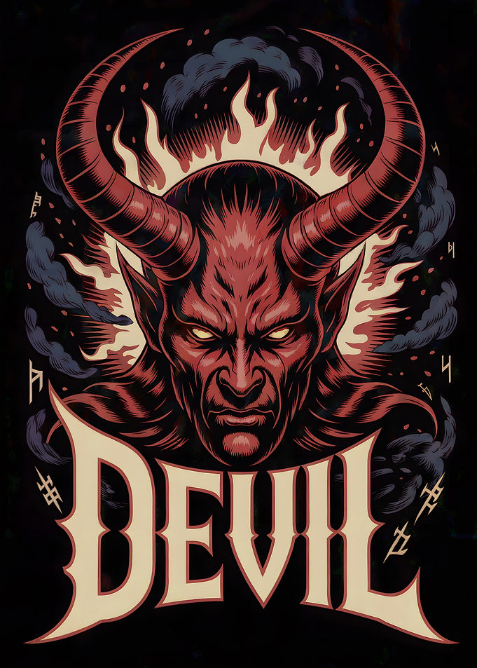 Devil Illustration with Horns and Flames