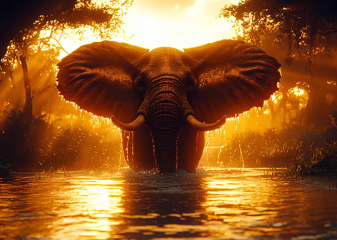 Elephant in Golden River at Sunset