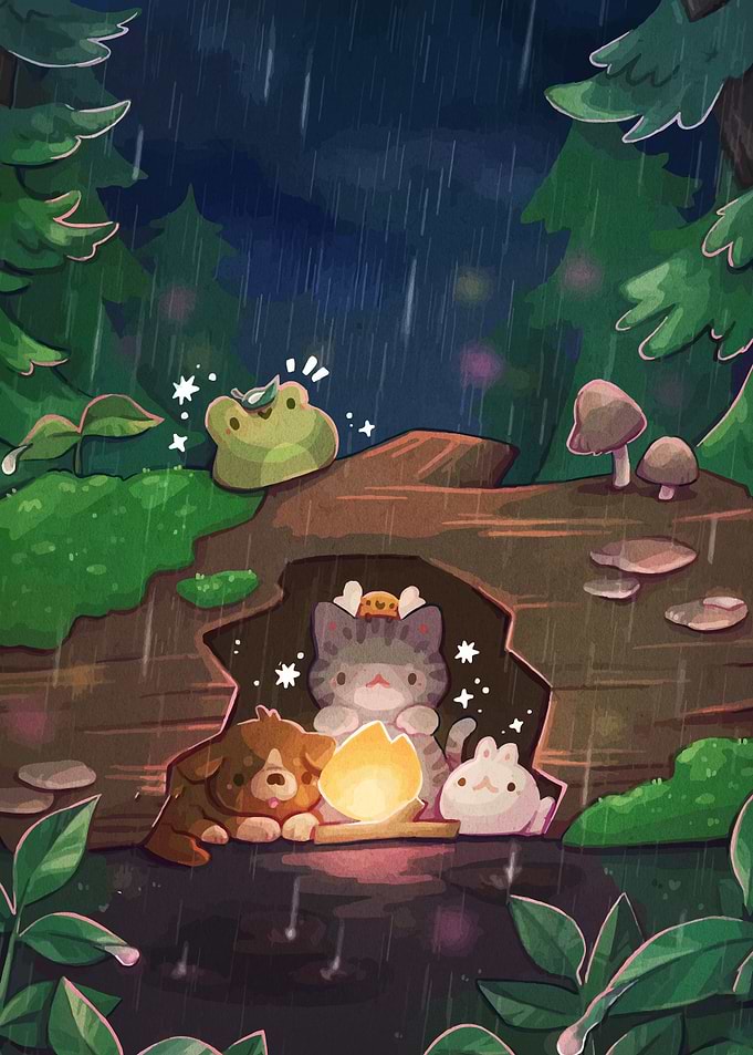 Cozy Campfire in the Rainy Forest