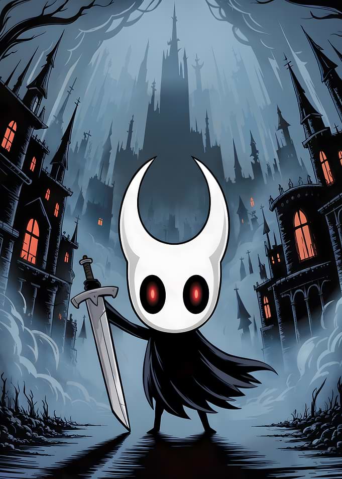 Hollow Knight in Dark Cityscape
