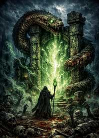 Dark Fantasy Portal with Snake and Wizard