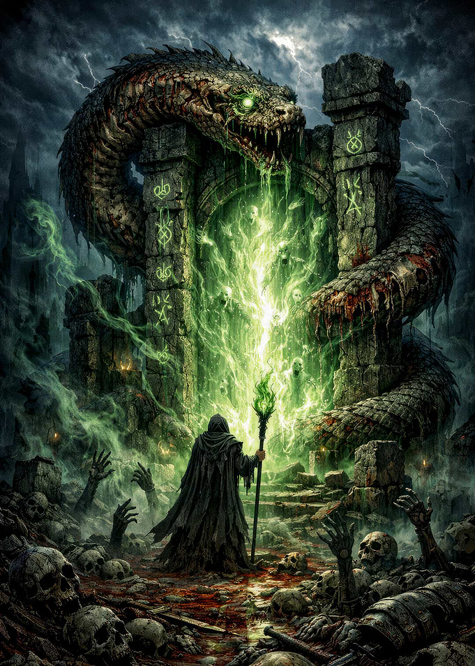 Dark Fantasy Portal with Snake and Wizard