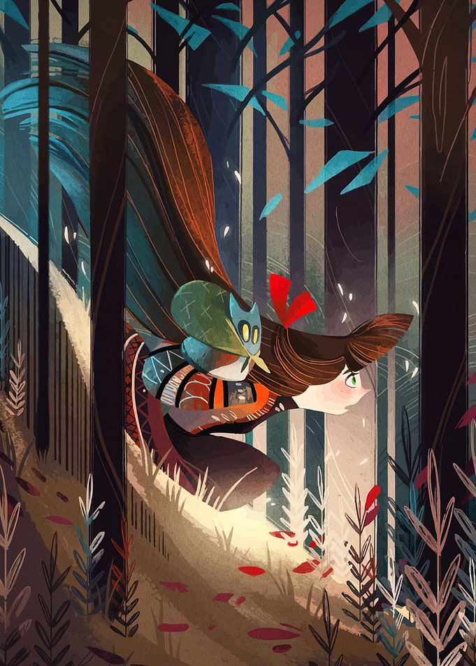 Girl and Owl in Forest Illustration