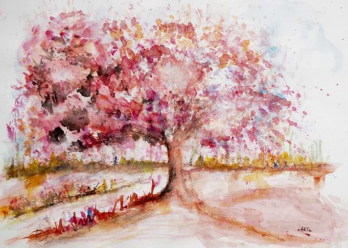 Watercolor Tree with Pink Blossoms