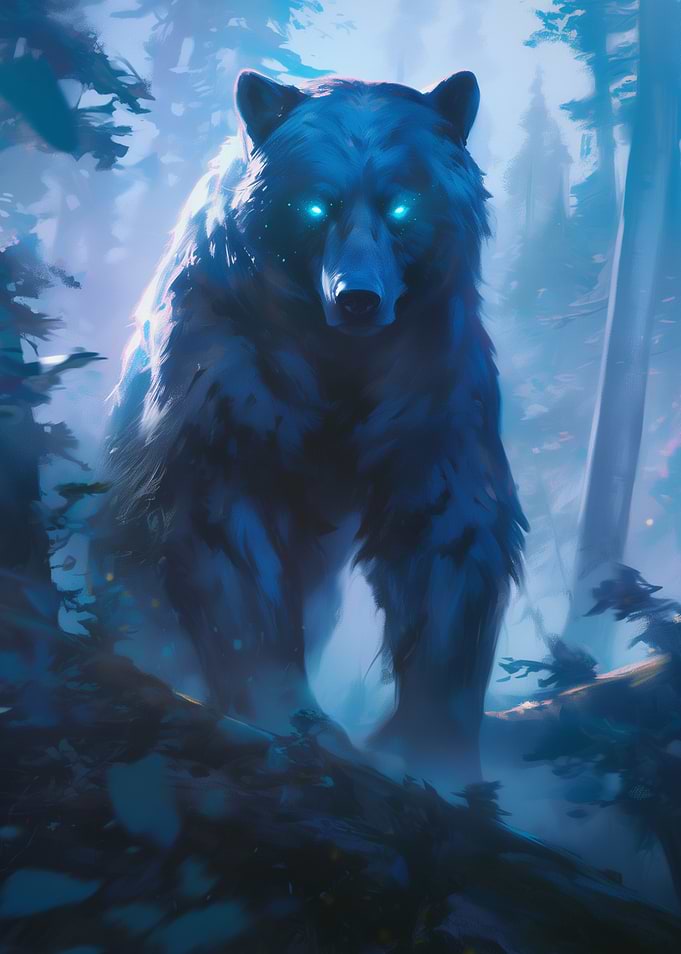 Dark Wood Collection: Glowing-Eyed Bear in Misty Forest