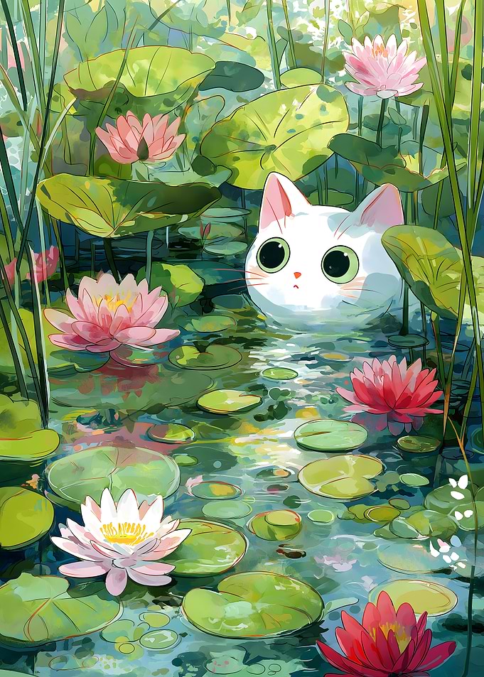 Cat in Lily Pond Illustration
