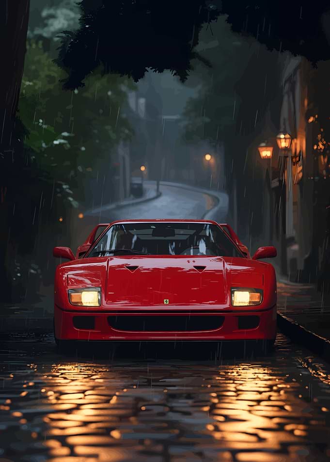 Red Ferrari F40 in the Rain