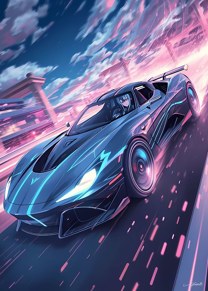 Anime Girl Driving a Futuristic Car