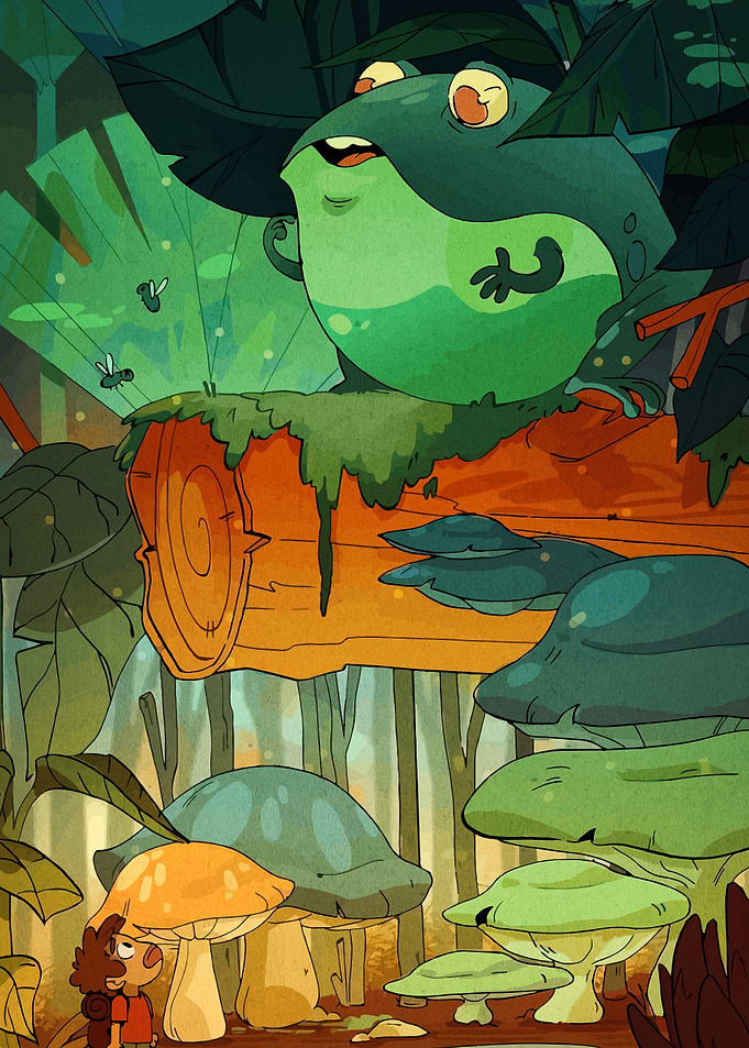 Cartoon Frog on Log with Boy