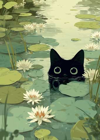 Black Cat in Lily Pond
