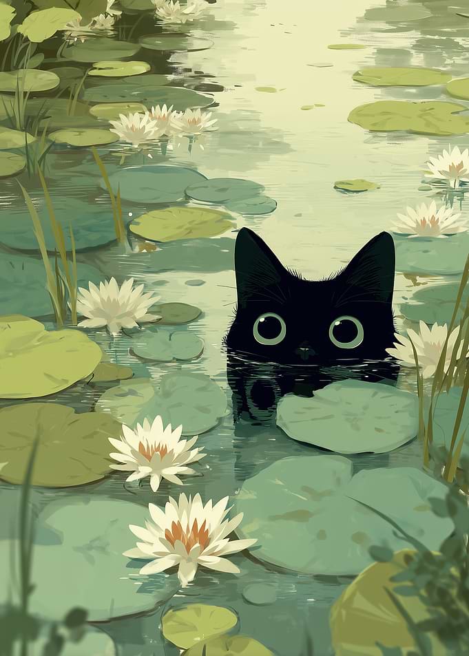 Black Cat in Lily Pond