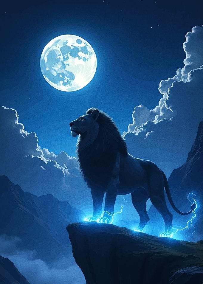 Lion on a Cliff Under Moonlight