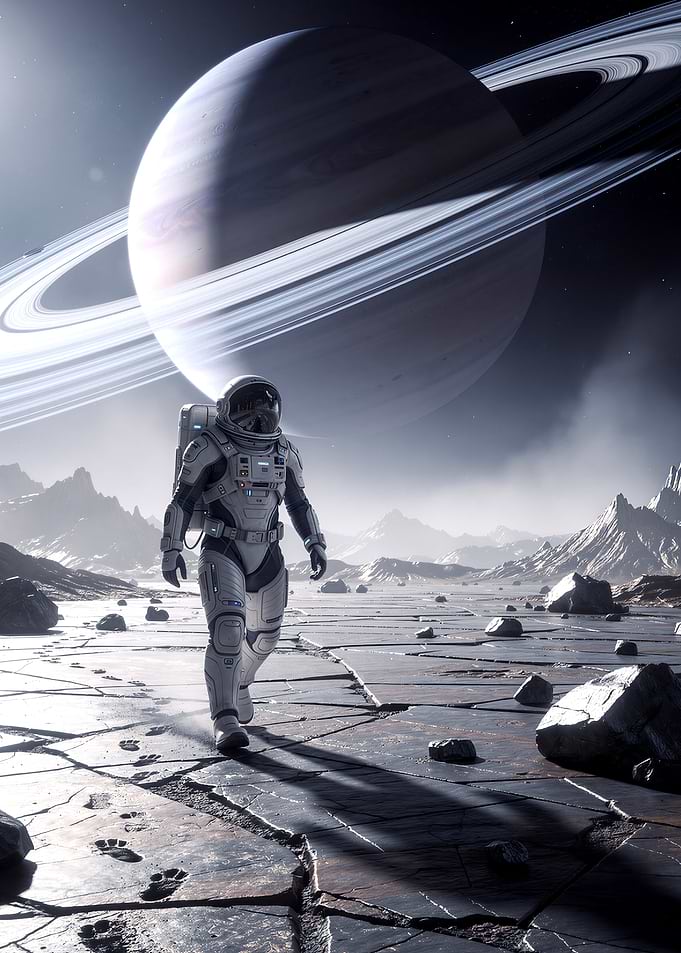 Astronaut on Alien Planet with Saturn
