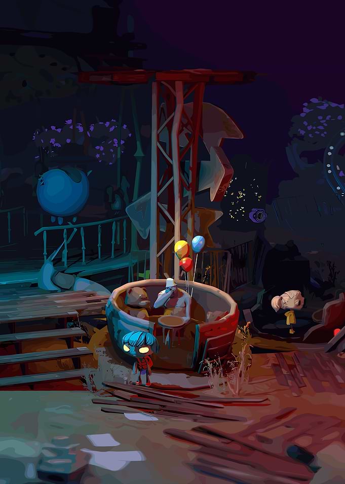 Stylized Amusement Park Scene at Night