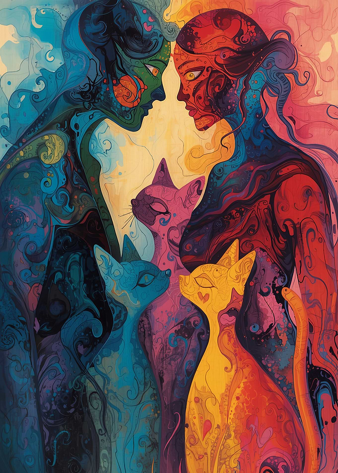 Colorful Figures and Cats Abstract Art