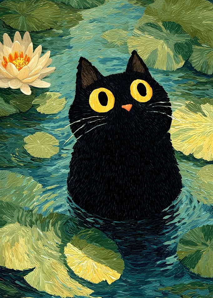 Black Cat in Lily Pond Painting