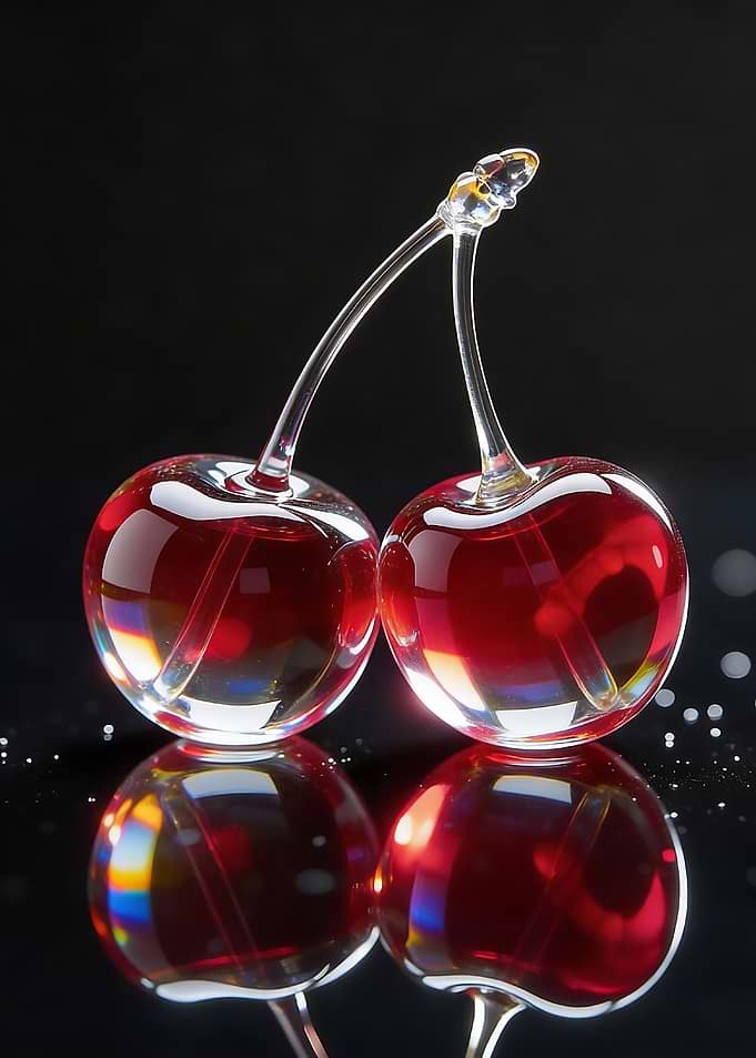 Two Glass Cherries on Black Surface