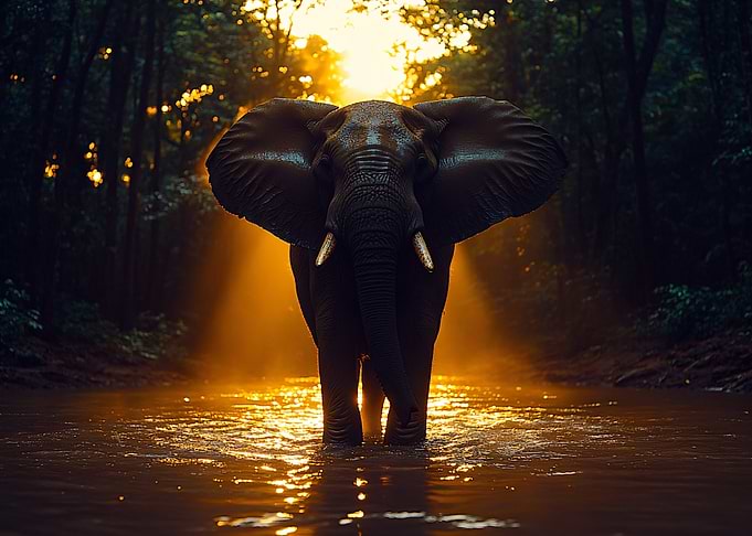 Elephant in Water at Sunset